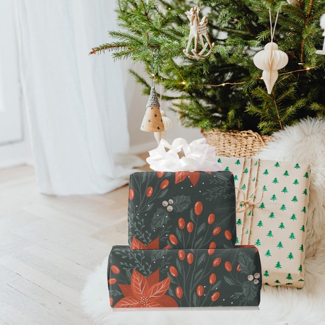 Vintage Christmas Red Poinsettia Pattern Wrapping Paper (Creator Uploaded)