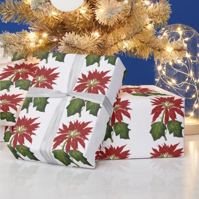 Vintage Christmas, Red Poinsettia Winter Plant Wrapping Paper (Holidays)
