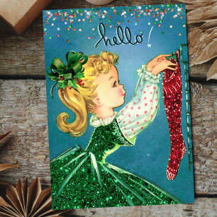 Vintage Christmas red socks glitter girl monogram Holiday Card