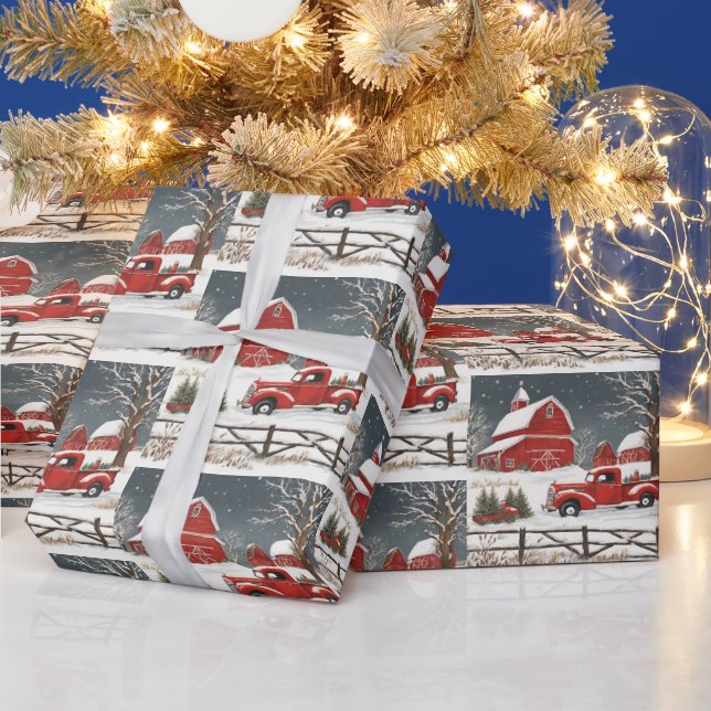Vintage Christmas Red Truck, Barn, Countryside Wrapping Paper (Holidays)