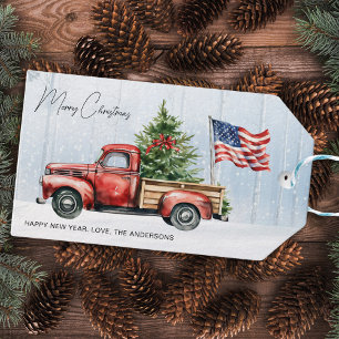 Vintage Christmas Red Truck Patriotic USA Flag Gift Tags