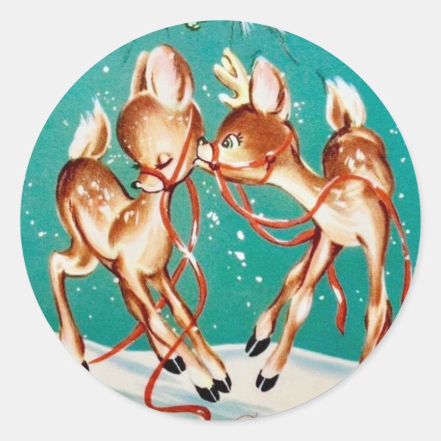 Vintage Christmas Reindeer Love Classic Round Sticker (Front)