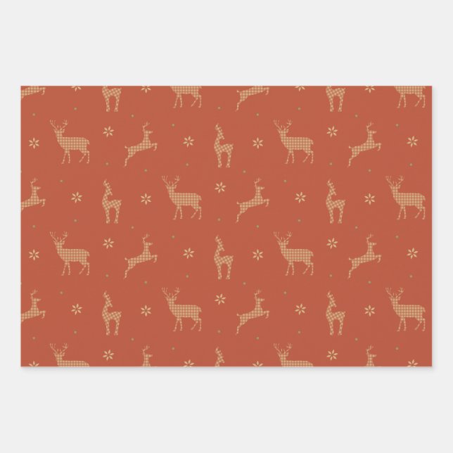 Vintage Christmas, Reindeer, Plaid, Snowflakes, Wrapping Paper Sheet (Front)