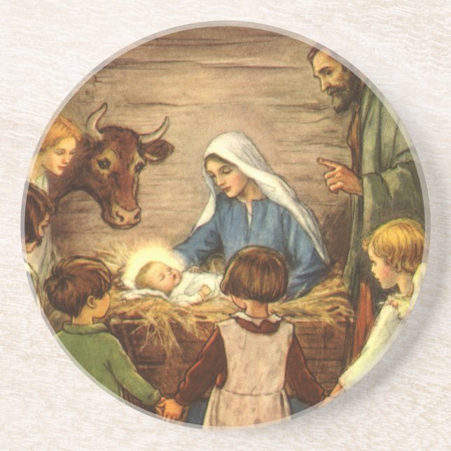 Vintage Christmas, Religious Nativity w Baby Jesus Coaster (Front)