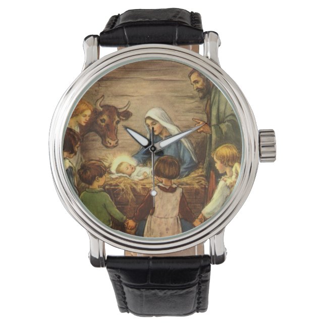 Vintage Christmas, Religious Nativity w Baby Jesus Watch (Front)