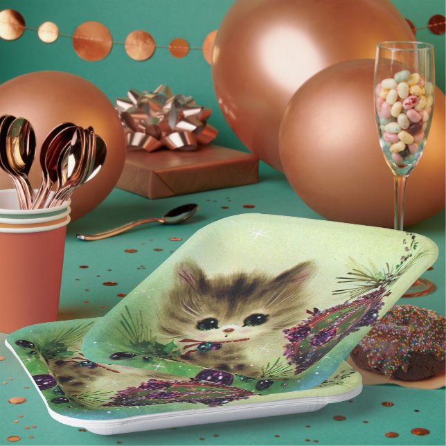 Vintage Christmas retro bulb cat party plate (Multi)