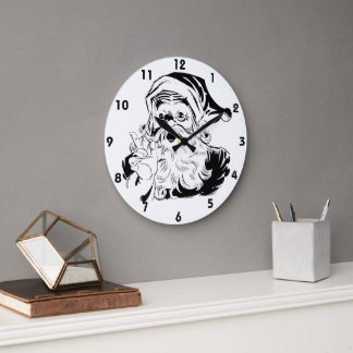 Vintage Christmas, Retro Jolly Santa Claus, Black Large Clock