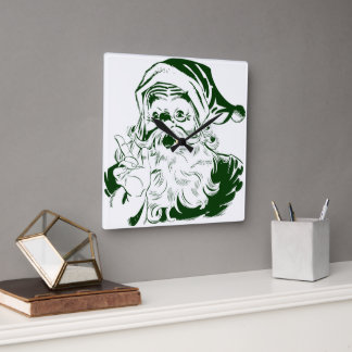 Vintage Christmas, Retro Jolly Santa Claus, Green Square Wall Clock