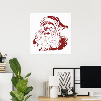 Vintage Christmas, Retro Jolly Santa Claus, Red Poster