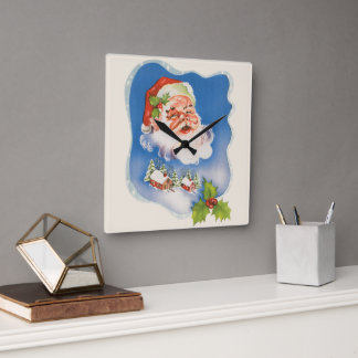 Vintage Christmas, Retro Jolly Santa Claus Square Wall Clock