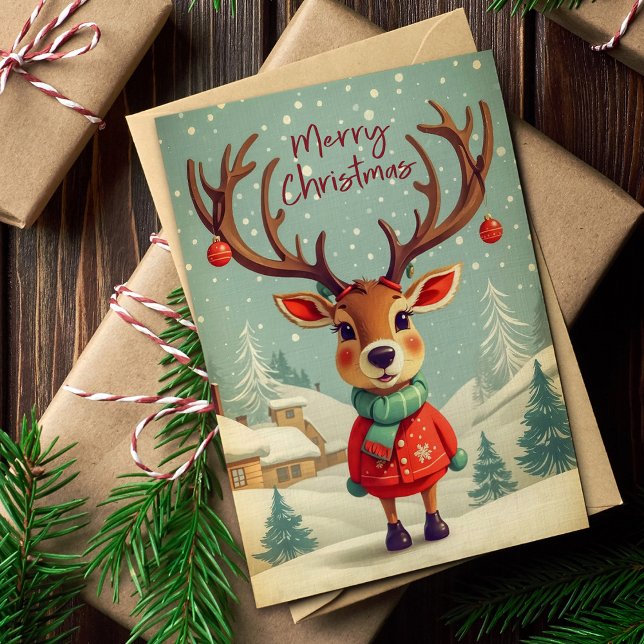 Vintage Christmas Retro Reindeer in Snowflakes  Holiday Card (Creator Uploaded)