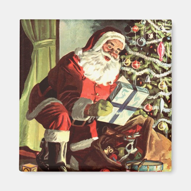 Vintage Christmas, Retro Santa Claus with Presents Magnet (Front)