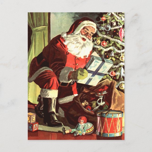 Vintage Christmas, Retro Santa Claus with Presents Postcard (Front)