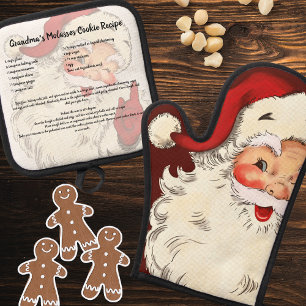 Vintage Christmas Retro Santa Recipe Oven Mitt & Pot Holder Set