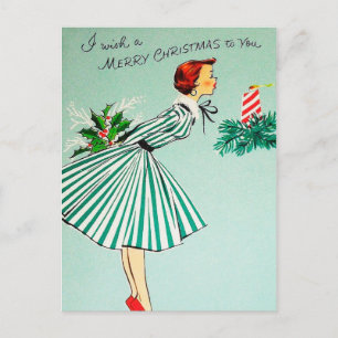 Vintage Christmas retro woman holiday postcard