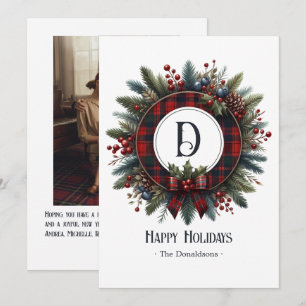 Vintage Christmas Rich Plaid Mongram Wreath Holiday Card