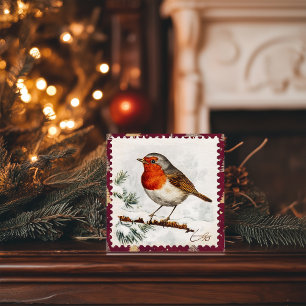 Vintage Christmas Robin Postage Stamp Holiday Card