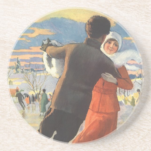 Vintage Christmas, Romantic Couple Ice Skating Coaster (Front)