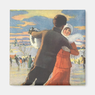 Vintage Christmas, Romantic Couple Ice Skating Magnet