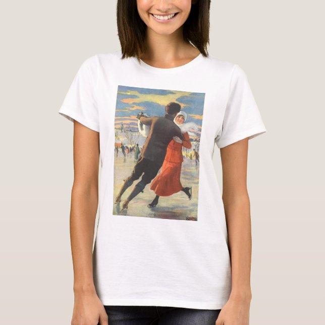 Vintage Christmas, Romantic Couple Ice Skating T-Shirt (Front)