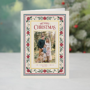 Vintage Christmas Rose Frame Family Photo Foil Holiday Card