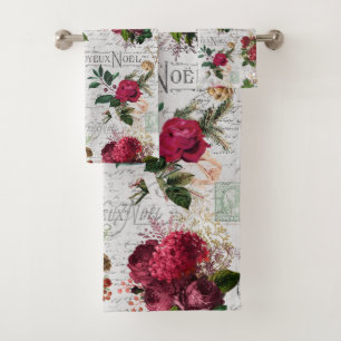 Vintage Christmas Rose Joyeux Noel Ephemera Bath Towel Set