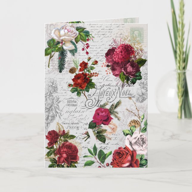 Vintage Christmas Rose Joyeux Noel Ephemera Holiday Card (Front)
