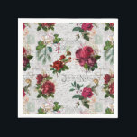 Vintage Christmas Rose Joyeux Noel Ephemera Napkin<br><div class="desc">Elegant and richly-detailed vintage Christmas floral seamless composition featuring "Joyeux Noel" typography,  handwritten script,  postage graphic,  holly,  mistletoe,  and deep red and ivory roses on aged parchment background.</div>