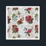 Vintage Christmas Rose Joyeux Noel Ephemera Napkin<br><div class="desc">Elegant and richly-detailed vintage Christmas floral seamless composition featuring "Joyeux Noel" typography,  handwritten script,  postage graphic,  holly,  mistletoe,  and deep red and ivory roses on aged parchment background.</div>