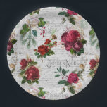 Vintage Christmas Rose Joyeux Noel Ephemera Paper Plate<br><div class="desc">Elegant and richly-detailed vintage Christmas floral seamless composition featuring "Joyeux Noel" typography,  handwritten script,  postage graphic,  holly,  mistletoe,  and deep red and ivory roses on aged parchment background.</div>