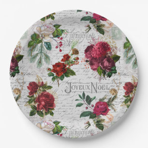 Vintage Christmas Rose Joyeux Noel Ephemera Paper Plate
