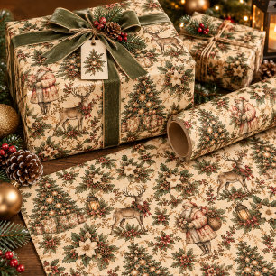 Vintage Christmas Sage Green and Beige Woodland Wrapping Paper
