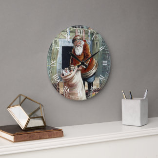 Vintage Christmas, Saint Nicholas by the Fireplace Large Clock