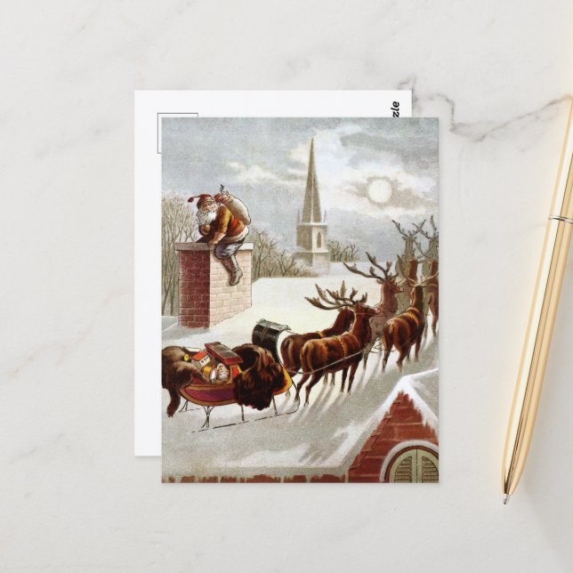 Vintage Christmas, Saint Nicholas on the Rooftop Postcard (Front/Back In Situ)
