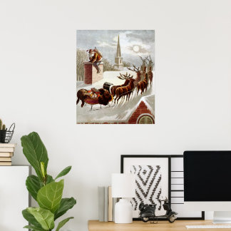 Vintage Christmas, Saint Nicholas on the Rooftop Poster