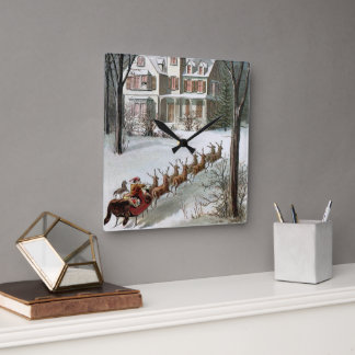 Vintage Christmas, Saint Nicholas with Reindeer Square Wall Clock