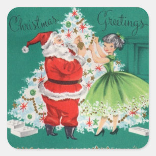Vintage Christmas Santa and Girl Decorating Tree Square Sticker