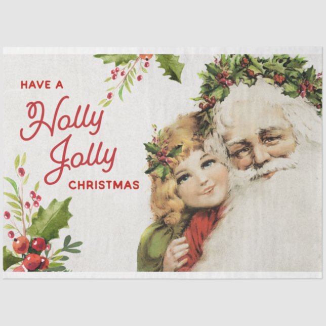 Vintage Christmas Santa and Girl Decoupage Tissue Paper (Front)