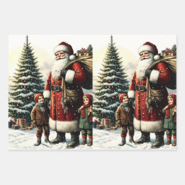 Vintage Christmas Santa and Kids Wrapping Paper Sheet