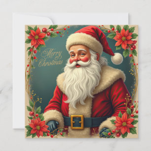 Vintage Christmas Santa and Red Poinsettia Holiday Card