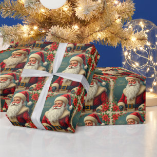 Vintage Christmas Santa and Red Poinsettia Wrapping Paper