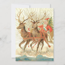 Vintage Christmas Santa and Reindeer Holiday Card