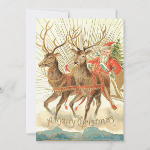 Vintage Christmas Santa and Reindeer Holiday Card