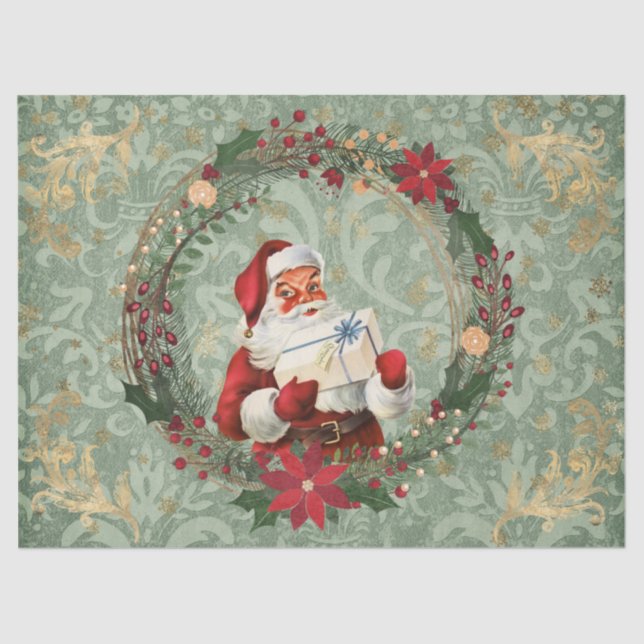 Vintage Christmas Santa and Wreath Decoupage Tissue Paper (Front)