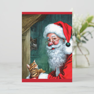 Vintage Christmas Santa, Cat &Mouse Flat Note Card