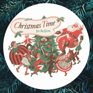 Vintage Christmas Santa Claus and Dancing Children Classic Round Sticker