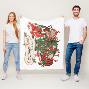 Vintage Christmas Santa Claus and Dancing Children Fleece Blanket