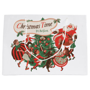 Vintage Christmas Santa Claus and Dancing Children Large Gift Bag