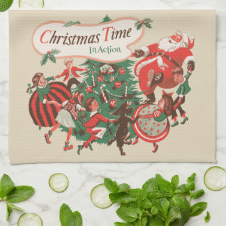 Vintage Christmas Santa Claus and Dancing Children Tea Towel