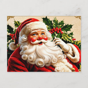 Vintage Christmas Santa Claus and Holly Berry  Holiday Postcard